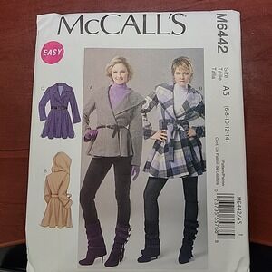 McCall's M6442 Wrap Coat Sewing Pattern Hooded Jacket Sz 6-14 UNCUT